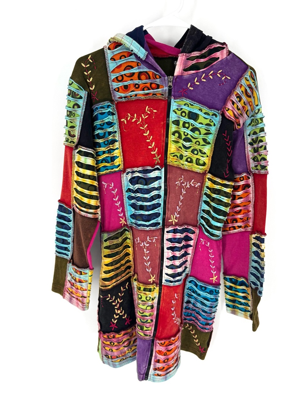 Shop therapy, hippie granola festival Multicolor Patchwork Mini Dress with Hood